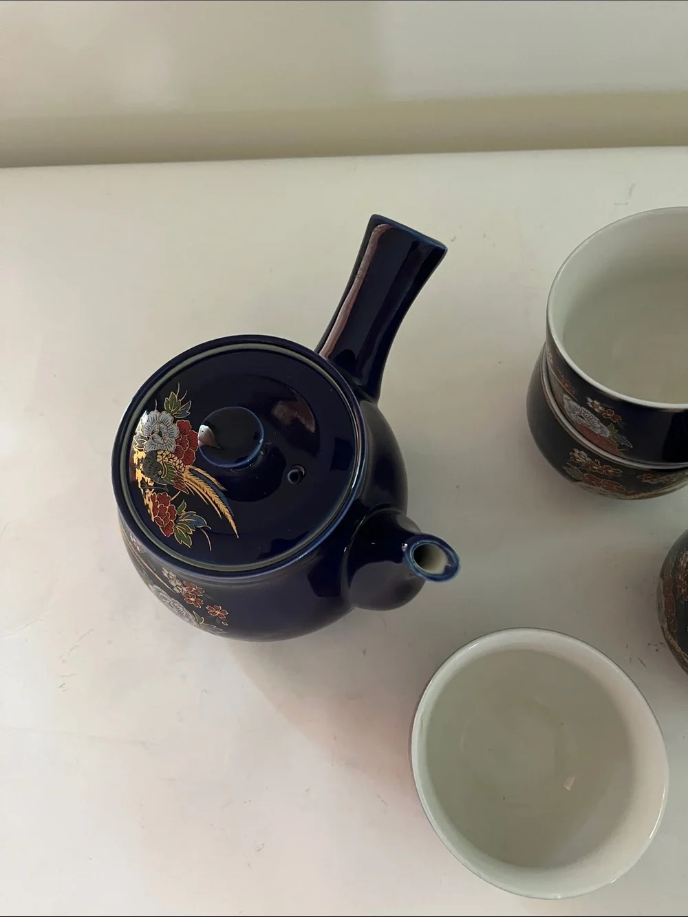 Vintage Porcelain Tea Set /side handle and 5 cups  Blue/gold with floral design